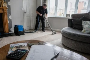 Professional carpet cleaner working in a Blackpool home living room with cleaning equipment and a nearby notepad and calculator suggesting service pricing and cost estimation