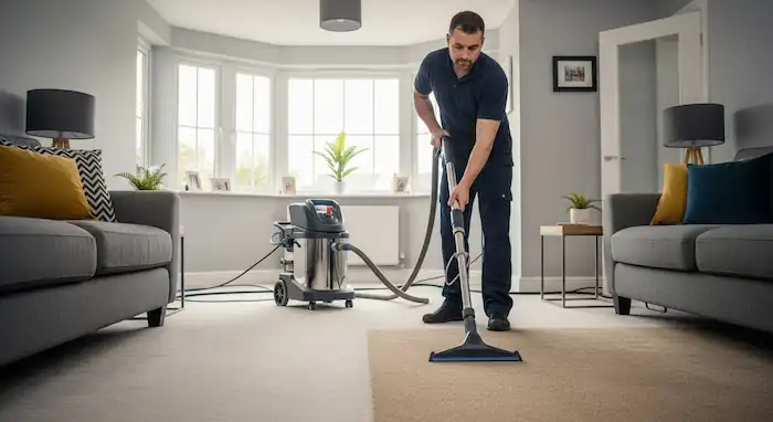 a man cleaning carpet in highly furnished room