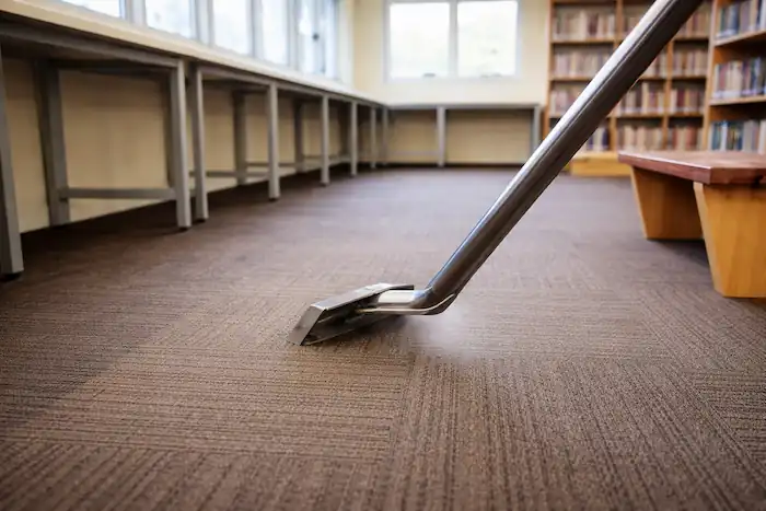 Professional steam cleaning machine removing dirt from commercial carpet in an office environment