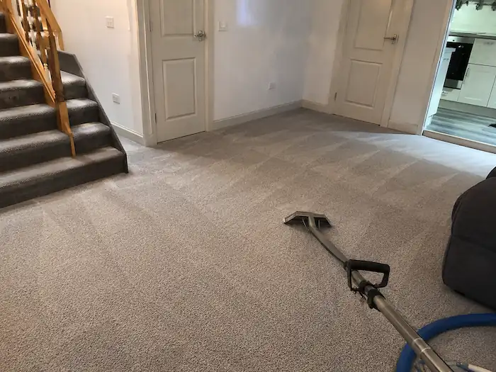 Freshly cleaned living room carpet with professional carpet cleaning equipment in a Blackpool home.