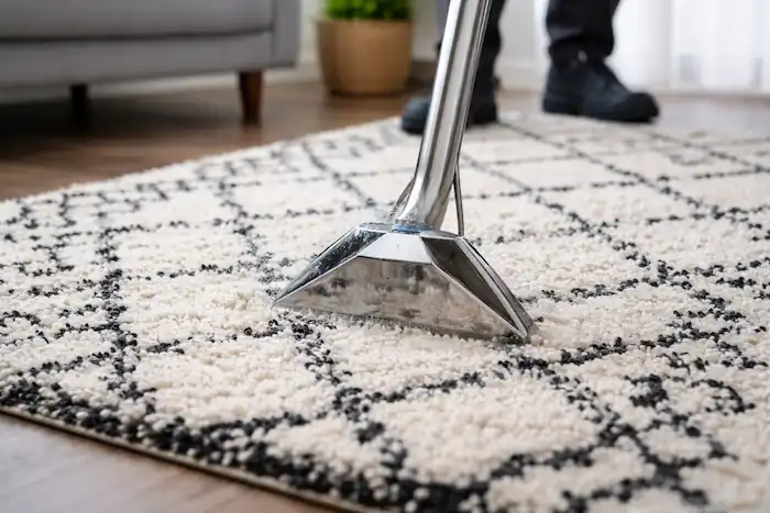 Professional rug cleaning with extraction wand on patterned carpet in a modern living room setting