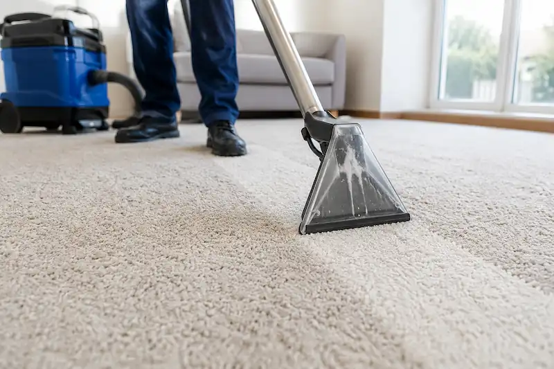 Technician using professional extraction equipment to deep clean a soft beige carpet in a bright modern home in Blackpool