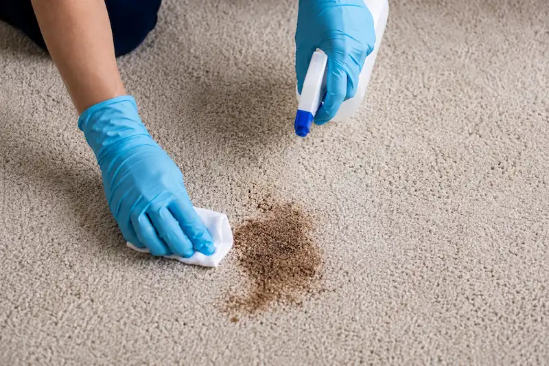 Professional carpet stain and odour removal treatment being applied to a beige carpet by a cleaning technician in Kirkham