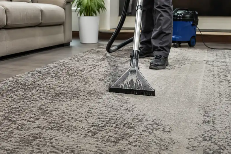 Professional carpet cleaning service in a modern living room with extraction wand cleaning a patterned rug in Blackpool