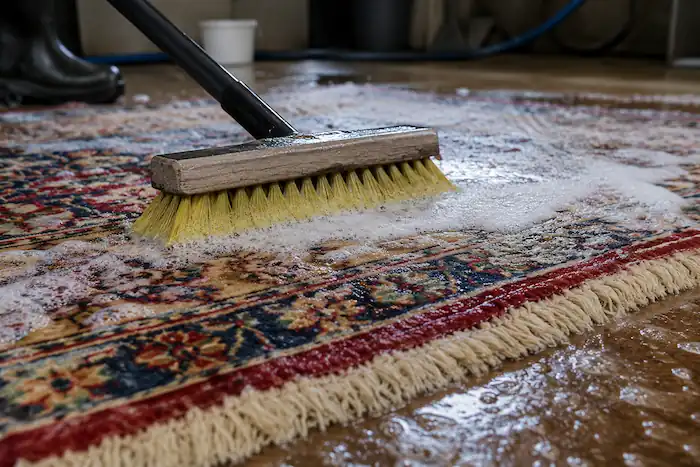 Close-up of professional rug cleaning with scrubbing brush, soap foam, and patterned carpet during deep cleaning service at Coastal Clean Blackpool