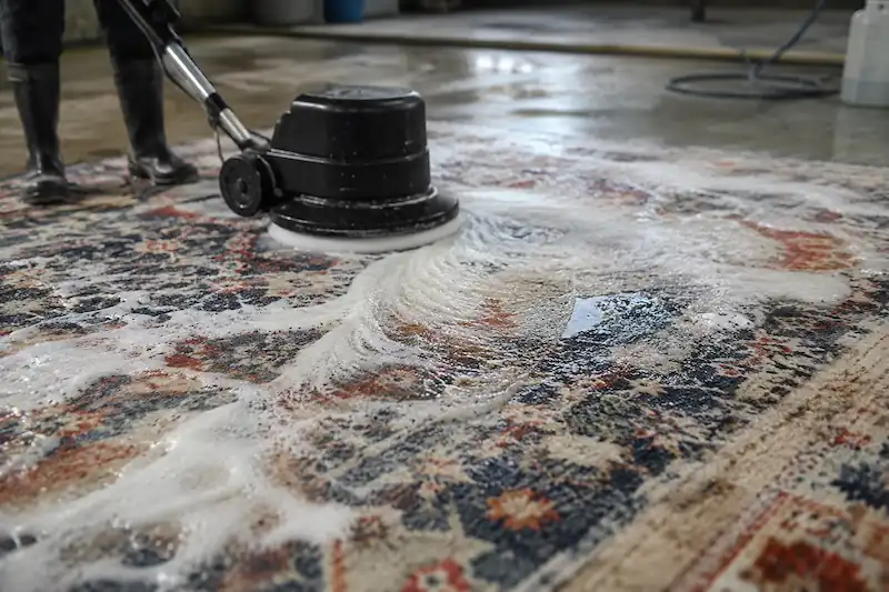 Professional rug cleaning in progress with rotary cleaning machine and foam on patterned rug at Coastal Clean Blackpool