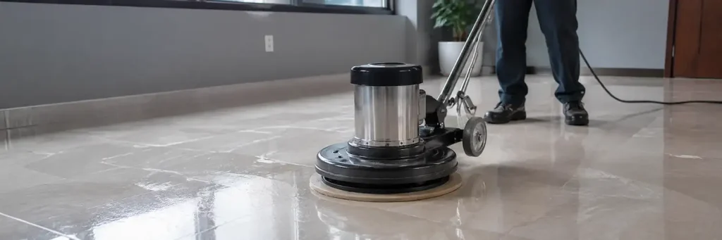 Professional stone floor cleaning machine polishing indoor tile flooring in a commercial property in Cleveleys