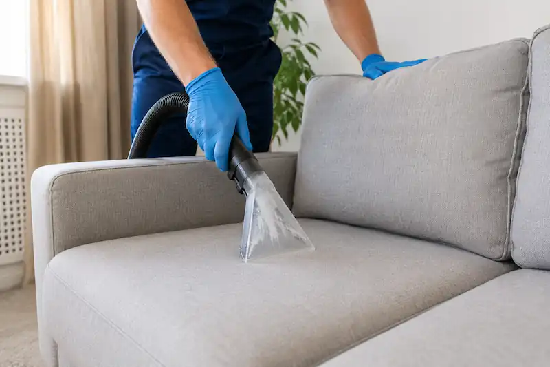 Professional upholstery cleaning service removing dirt from a light grey fabric sofa using extraction equipment in a modern home setting