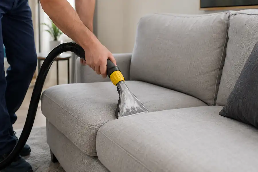 Professional upholstery cleaning of a light grey sofa using extraction equipment in a modern living room in Blackpool