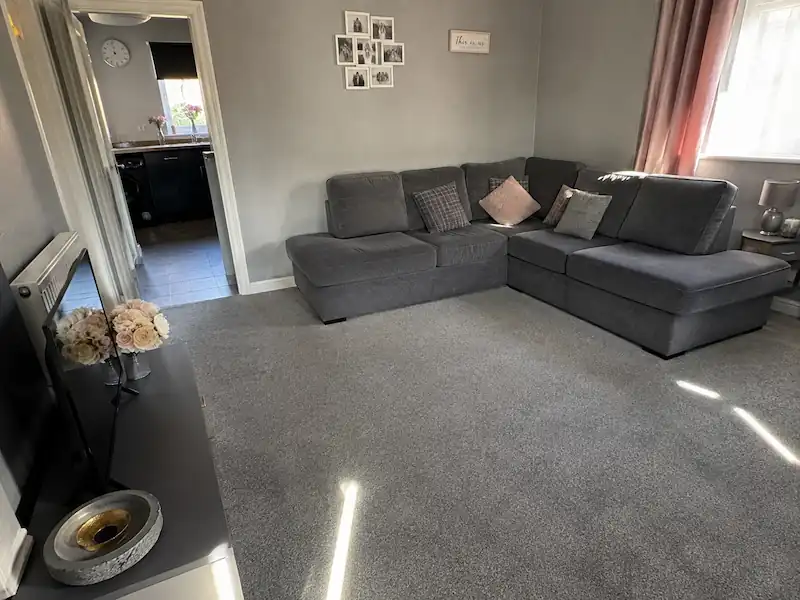 Clean grey carpet in a bright living room after professional carpet cleaning