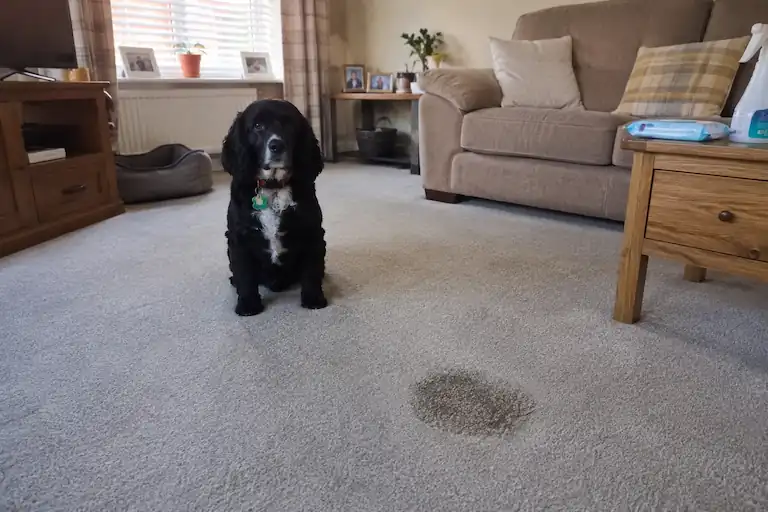 Dog sitting in a living room near a fresh pet urine stain on a carpet before professional cleaning.