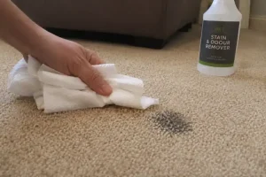 Hand blotting fresh pet urine from a carpet using a paper towel before applying a pet odour remover.